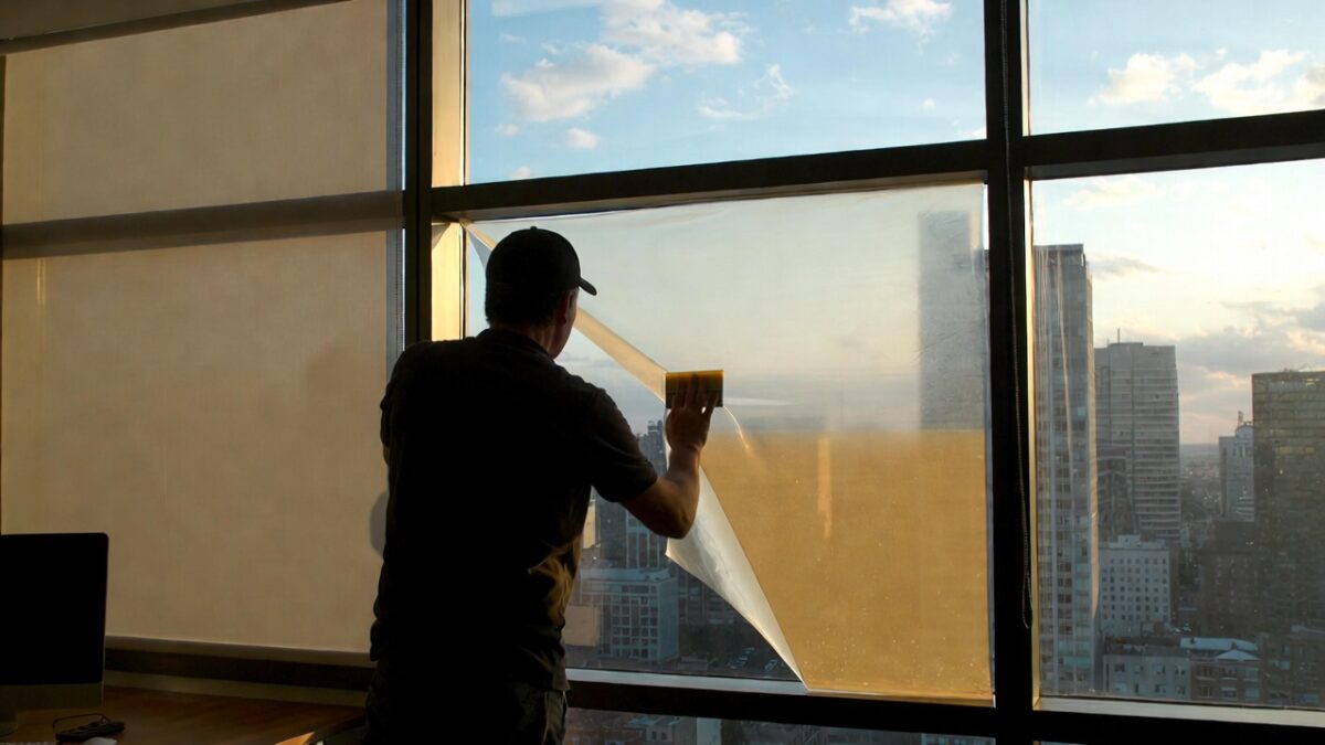person installing commercial window film image