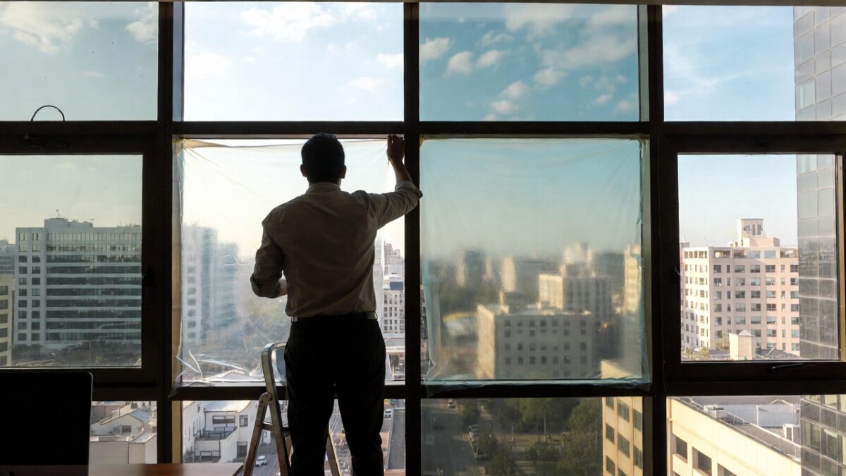 person installing commercial window film image