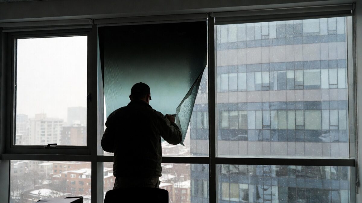 person installing window film in the winter