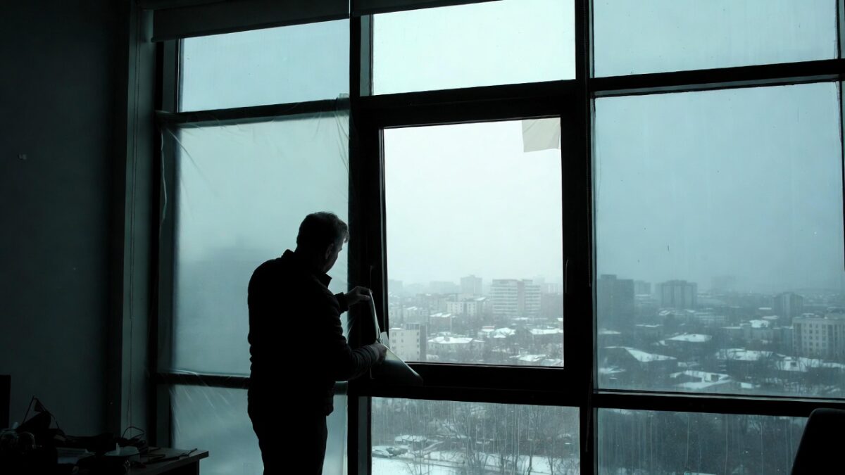 person installing window film in the winter