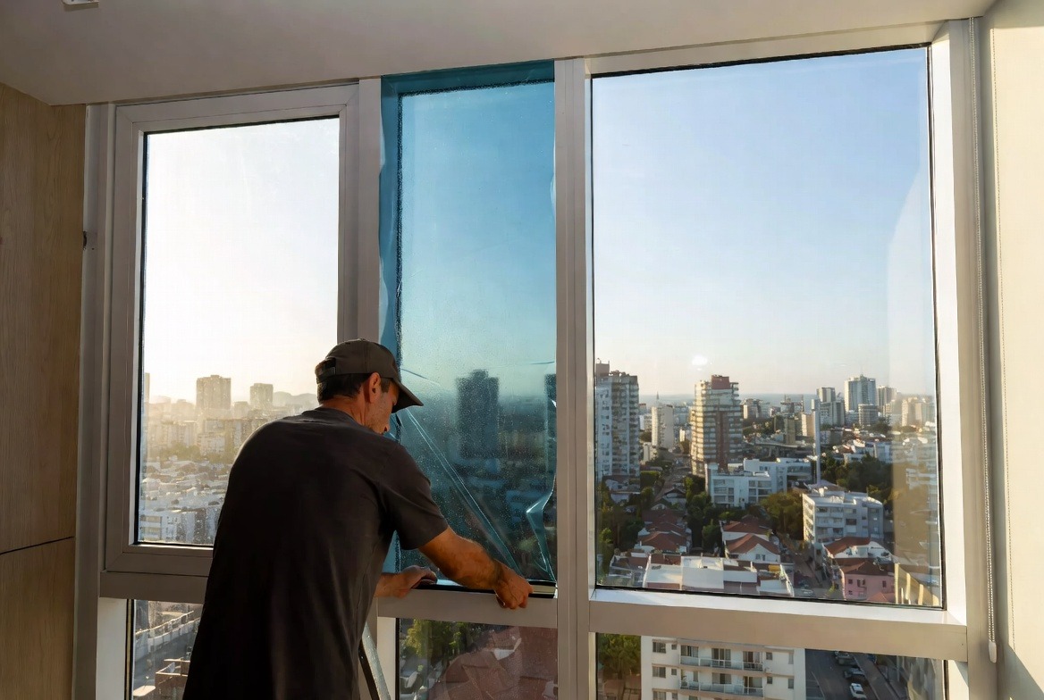 person-installing-window-film-on-glass